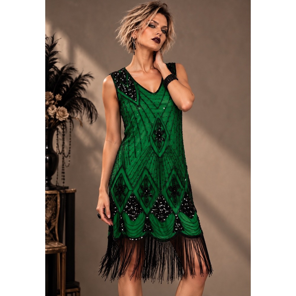 Pretty Guide M Emerald Green & Black Sequin Fringe Flapper Cocktail Dress